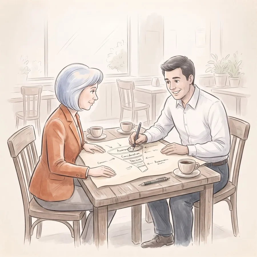 Pencil-and-watercolour scene: At a café table, the consultant sketches a funnel on a large sheet of paper and circles one stage, while she watches.