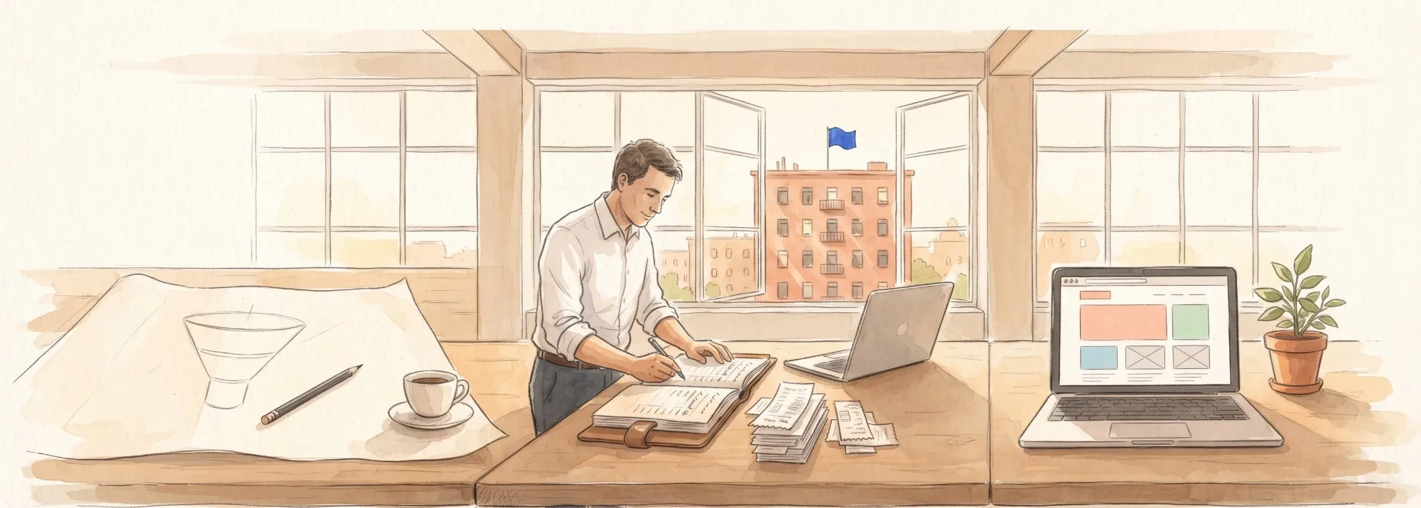 Pencil-and-watercolour panorama of one long studio table in three stations: a funnel sketched on paper, a ledger with receipts where a consultant is writing, and a laptop showing a website layout. Through the windows, a terracotta building flies a blue flag.